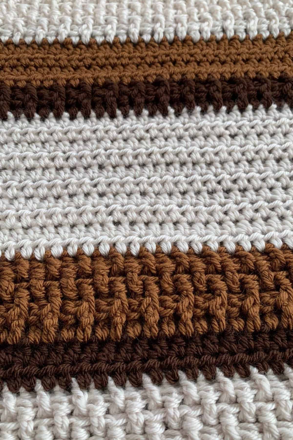 Close up of the crochet stitches used to create texture in the Caramel Latte Crochet Blanket