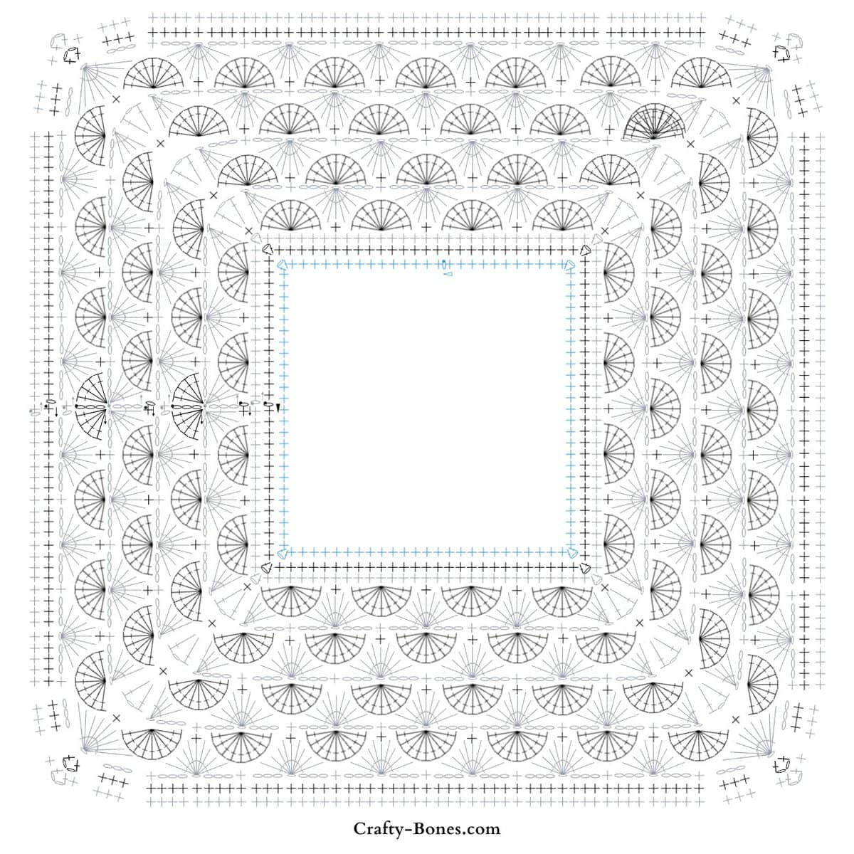 Detailed crochet chart for the shell section of the pattern