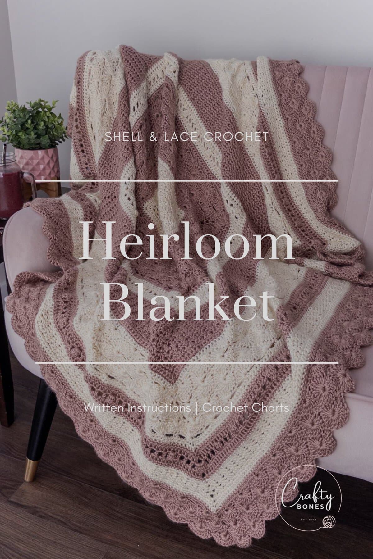 Heirloom shell and lace crochet blanket draped over chair with textured stitch design