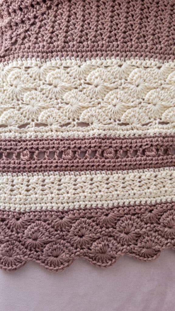 close up shot of the 3 different textures in the heirloom inspired crochet blanket shell & lace