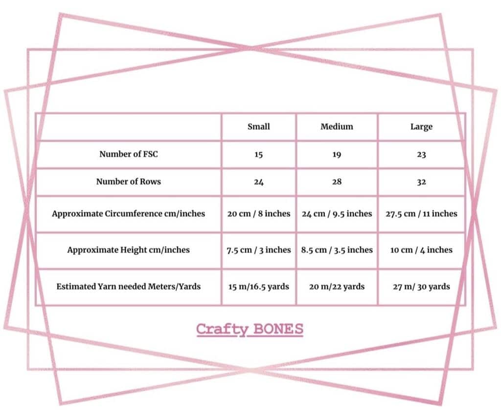 Size chart for the darling crochet pumpkin pattern, showing the number of foundation stitches, rows, approximate circumference, height, and estimated yarn needed for small, medium, and large pumpkins.