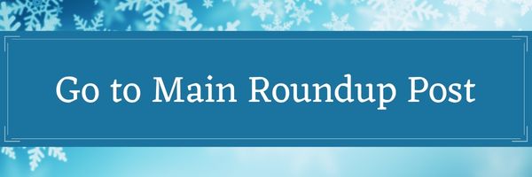 Winter-themed blue button with the text "Go to Main Roundup Post" directing users to the crochet roundup.