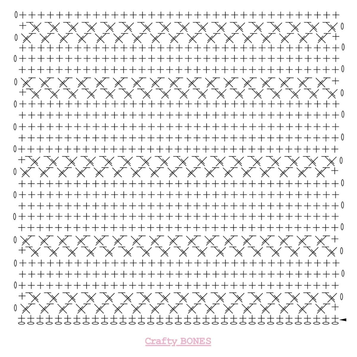 A crochet chart for the Simply Textured Dishcloth pattern with a detailed stitch layout, including chains, single crochets, and half double crochets, labeled with Crafty Bones branding.