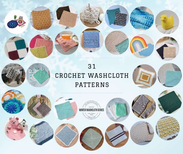 A collage of 31 different crochet dishcloth patterns from the Winter Washcloth Series, highlighting unique textures and designs for kitchen or gift-giving projects.