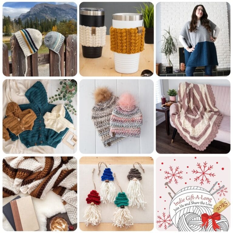 Grid of eight Crafty Bones crochet patterns with the 2025 Indie Design Gift-A-Long logo in the ninth square.