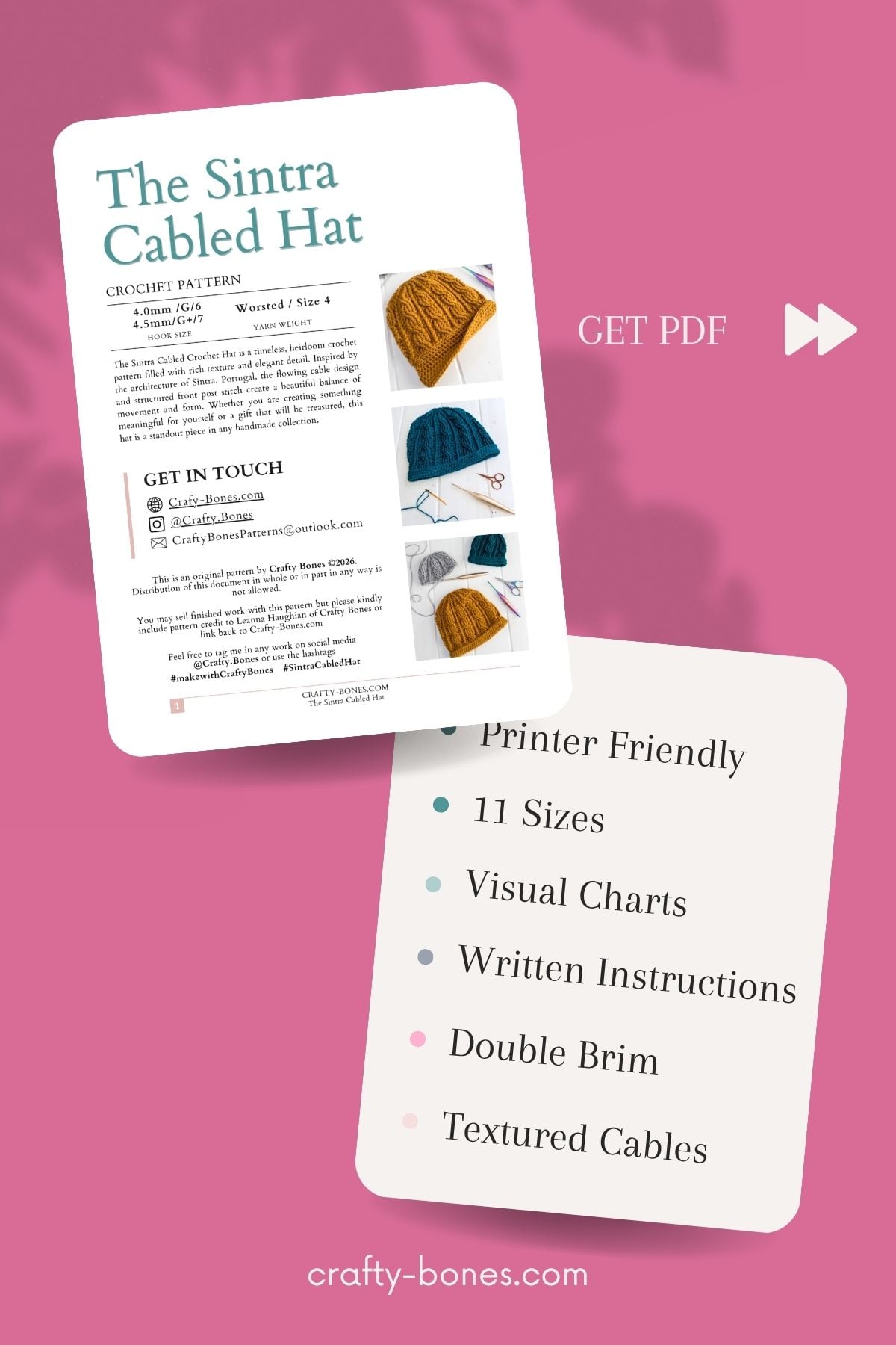 Cabled crochet hat pattern PDF with 11 sizes, crochet charts, written instructions, and textured cable design